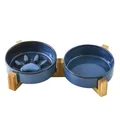 Ensemble gamelle chat en céramique à glaçure réactive avec support en bambou - Bol Mangeoire Lente & à Eau Bleu Glacé au Four Avec Support Double