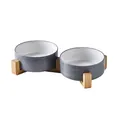 Double ceramic cat bowl set with gray brushed texture and minimalist wooden stand - 13cm / Double Bowls with Wood Stand / Dark Gray