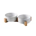 Double white ceramic pet bowls with a wooden stand for cats and small dogs - 13cm / Double Bowls with Wood Stand / Light Gray