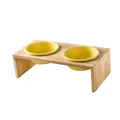 Doppelte gelbe Keramik-Näpfe mit minimalistischem Eichenholz-Ständer für Haustiere - 14cm / Matte Gelbe Schalen Mit Dickem Rand Und Eichenständer