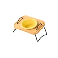 Ceramic cat food bowl with bamboo stand and black metal handle in bright yellow - Matte Creamy Yellow Bowl with Single Hole Bamboo Board and Metal Stand