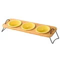 Three-hole bamboo pet feeder with yellow ceramic bowls and black metal legs - Matte Creamy Yellow Bowls with Triple Hole Bamboo Board and Metal Stand