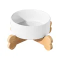 White ceramic cat bowl with a stable bone-shaped wooden stand for neck protection - Small Size Bone Shaped Stand Style / White