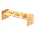 Erhöhte Futterstation aus Holz mit drei cremefarbenen Keramiknäpfen für Katzen - S / Mehrere Näpfe Bambusständer Set / Matt Milchgelb