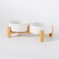 Verhoogde dubbele keramische voerbakset met stevige houten standaard voor katten en honden - Verbonden Dubbele Houten Standaard / Mat wit / Klein (13CM)