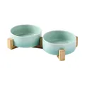 Dual light green gradient ceramic pet bowls with a minimalist elevated bamboo stand - Small / Straight Bowl Gradient Green And Double Wooden Stand