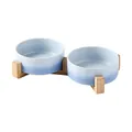 Doppia ciotola in ceramica per animali con sfumatura azzurra e supporto in legno rialzato - Ciotola Diritta Blu Sfumato E Supporto Legno Doppio
