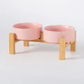 Roze keramische dubbele voerbak met bamboe standaard ter bescherming van de nek - Detachable Double Wood Stand / Mat Roze / Klein (13CM)