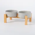 Verhoogde dubbele grijze keramische voerbakken met bamboe standaard voor katten en honden - Detachable Double Wood Stand / Mat Grijs / Klein (13CM)