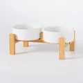 Moderne witte keramische dubbele voerbakken met verhoogde bamboe standaard voor honden en katten - Detachable Double Wood Stand / Mat wit / Klein (13CM)