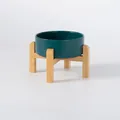 Donkergroene keramische voerbak voor huisdieren met verhoogde bamboe houder - Elevated Single Wood Stand / Mat Groen / Groot (20cm)
