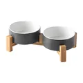 Dual grey ceramic pet bowls with elevated bamboo stand for cats and dogs - Small / Double Bowls With Bamboo Stand / Gray (Dark Gray Outer White Inner)