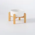 Witte keramische voerbak met verhoogde houten standaard voor katten en honden - Elevated Single Wood Stand / Mat wit / Groot (20cm)