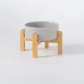Grijze matte keramische voerbak met verhoogde bamboe standaard voor hond en kat - Elevated Single Wood Stand / Mat Grijs / Groot (20cm)