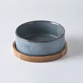 Deep blue ceramic cat bowl with natural wood stand, minimalist matte finish design - Single Bowl With Wood Stand / Small (13CM) / Light Blue Glaze