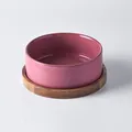 Pink ceramic pet bowl with natural wooden stand for elevated ergonomic feeding - Single Bowl With Wood Stand / Small (13CM) / Red Glaze