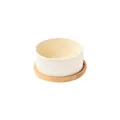 Creamy white ceramic pet bowl with natural bamboo wood stand in minimalist style - Rice White Bowl With Single Stand / Small