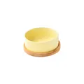 Pale yellow ceramic cat bowl with anti-slip natural bamboo wood stand for neck protection - Small
