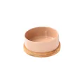 Pink ceramic cat bowl with elevated bamboo wood stand for neck protection and feeding - Small