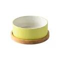 Lemon green ceramic pet bowl with natural bamboo wood base for small dogs and cats - Bowl And Tray / Outer Green Inner White / Small (13CM)