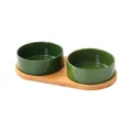 Ceramic cat bowl set with two dark green bowls and a natural bamboo stand - Forest Green Bowls With Double Stand / Medium
