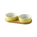 Lime yellow ceramic pet double bowl set with anti-slip bamboo tray for cats - Double Bowls And Tray / Outer Green Inner White / Small (13CM)