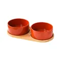 Double orange ceramic pet food bowls with bamboo wood stand for cats and small dogs - Small