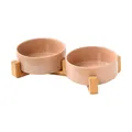 Set van twee roze keramische voerbakken met bamboe standaard voor katten en honden - Dubbele Kommen met Houten Standaard / Khaki / Klein