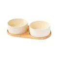 White ceramic double cat bowl set with natural bamboo stand for neck protection - Small