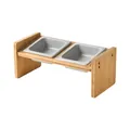 Adjustable bamboo stand with dual grey square ceramic pet bowls for cats and dogs - Square Edging Bowl Gray 2+ Double H-shaped Wooden Frame