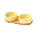 Pastel yellow ceramic double pet bowl set with elevated bamboo stand for cats - Small
