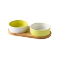 Dual ceramic cat bowls with bamboo tray, features white and mint green minimalist design - Mixed Double Bowls And Tray / Two-Tone Spliced / Small (13CM)