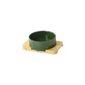 Dark green ceramic pet bowl with natural bamboo stand in a minimalist raised design - Small (13CM) / Glossy Bowl And Single Stand / Forest Green