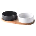 Minimalist matte ceramic pet bowl set with acacia wood stand for dogs and cats - Black And White Double Bowl With Tray Style / Black & White Combo / Small