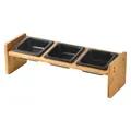 Three square black ceramic pet bowls in a natural bamboo stand for cats and dogs - Black Bowls and Long Stand