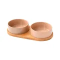 Double ceramic cat bowls with raised wooden stand in a soft macaron beige pink tone - Small