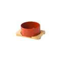Orange ceramic cat bowl with bamboo wood stand, stable pet feeder for small dogs - Small / Straight-rimmed Bowl With A Glossy Orange-red Color And A Single-hole Bamboo Tray.