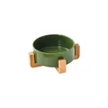 Donkergroene keramische voerbak voor huisdieren met minimalistische houten standaard - Enkele Kom met Houten Standaard / Bosgroen / Klein