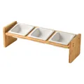 Three square white ceramic pet bowls in minimalist bamboo elevated feeder stand - White Bowls and Long Stand