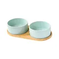 Dual mint green ceramic pet bowls with a natural bamboo elevated stand for cats - Small