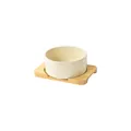 Ceramic pet bowl set with natural bamboo stand in minimalist cream finish for cats - Small / Straight-sided Bowl In Glossy Off-white With A Single-hole Bamboo Tray.