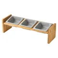 Three-bowl ceramic cat feeder with elevated bamboo stand in minimalist gray and wood finish - Square Edging Bowl Gray 3+3h-shaped Wooden Frame