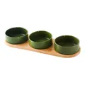 Three deep green ceramic cat bowls with natural bamboo tray stand for pets - Forest Green Bowls With Triple Stand / Medium