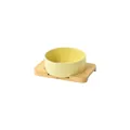 Minimalist light yellow ceramic cat bowl with natural bamboo stand for pets - Small / Straight-sided Bowl With Glossy Custard Color + Single-hole Bamboo Tray