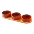 Ceramic cat bowl set with three orange porcelain jars on a natural wooden tray - Small
