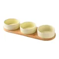Three pale yellow ceramic pet bowls with a natural wooden tray base for food and water - Rice White Bowls With Triple Stand / Small