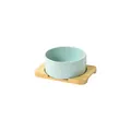 Light blue ceramic pet bowl with natural bamboo stand base for cats and dogs - Small / Straight-rimmed Bowl Glossy Light Blue With A Single-hole Bamboo Tray.