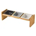 Three-bowl raised pet feeder stand with black, grey, and white square ceramic bowls - Remark Colors Bowls and Stand
