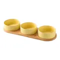 Three pale yellow ceramic pet bowls on a natural wooden tray in Nordic style - Milky Yellow Bowls With Triple Stand / Small