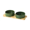 Dual dark green ceramic pet bowls with a rectangular natural bamboo stand - Small (13CM) / Two Glossy Bowls And Stand / Forest Green
